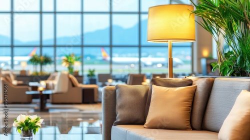 An elegant airport lounge offering a luxurious ambiance with comfortable seating, stylish decor, and a tranquil atmosphere, providing travelers with a perfect blend of relaxation and sophistication.