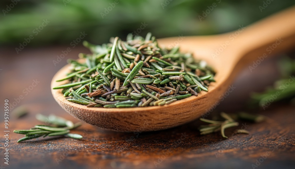 Fresh Rosemary Leaves on a Wooden Spoon, Delicately Arranged for Culinary Use in Home Cooking