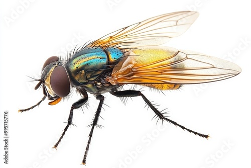 Close-up of a colorful fly on a white isolated background.