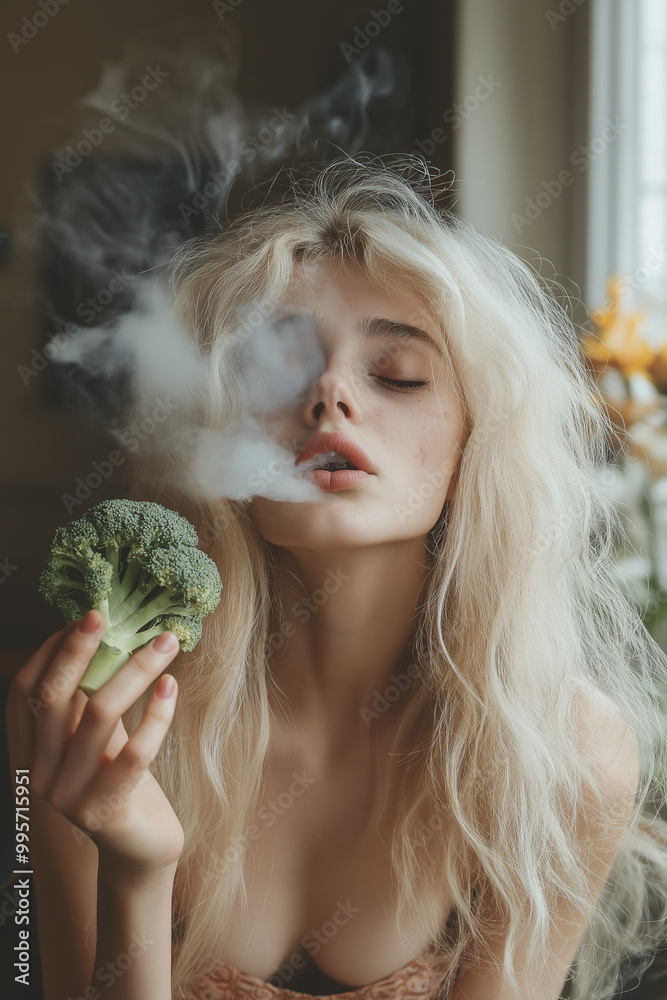 young blonde woman smiling and smoking while holding a broccoli young blonde woman smiling and smoking while holding a broccoli