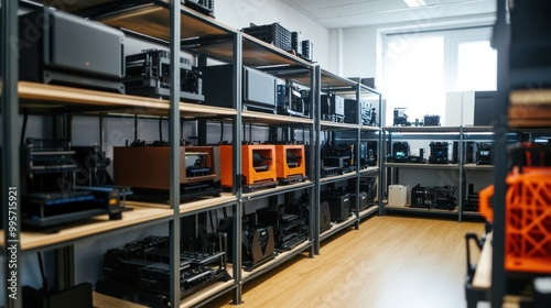 A well-organized workshop with shelves stocked with numerous 3D printers, showcasing technological advancement and the potential of modern manufacturing.