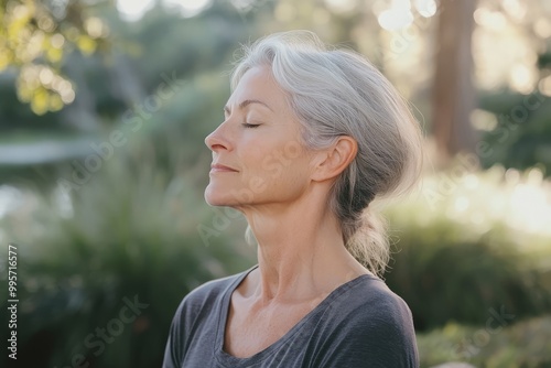 De-stressed woman providing gentle energy support, embodying calmness and serenity in a tranquil setting, exuding soothing and supportive presence