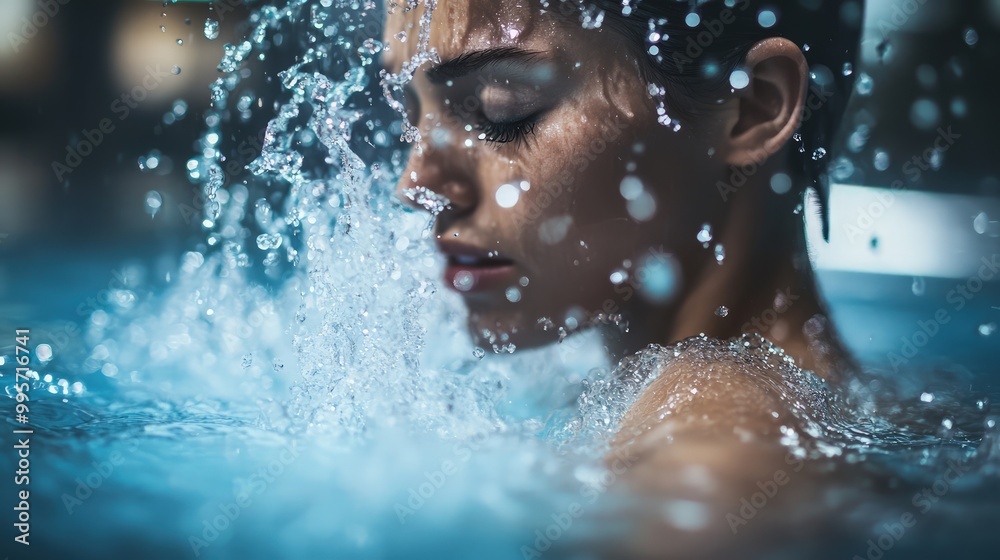 Close-up Shot of Woman Emerging from Underwater in Cold Plunge Pool at Luxurious Wellness Studio, Capturing Refreshing and Invigorating Moment