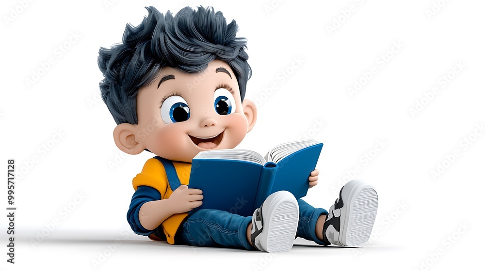 Cartoon Child Reading on Stomach with Joyful Expression Cartoon Child Reading on Stomach with Joyful Expression