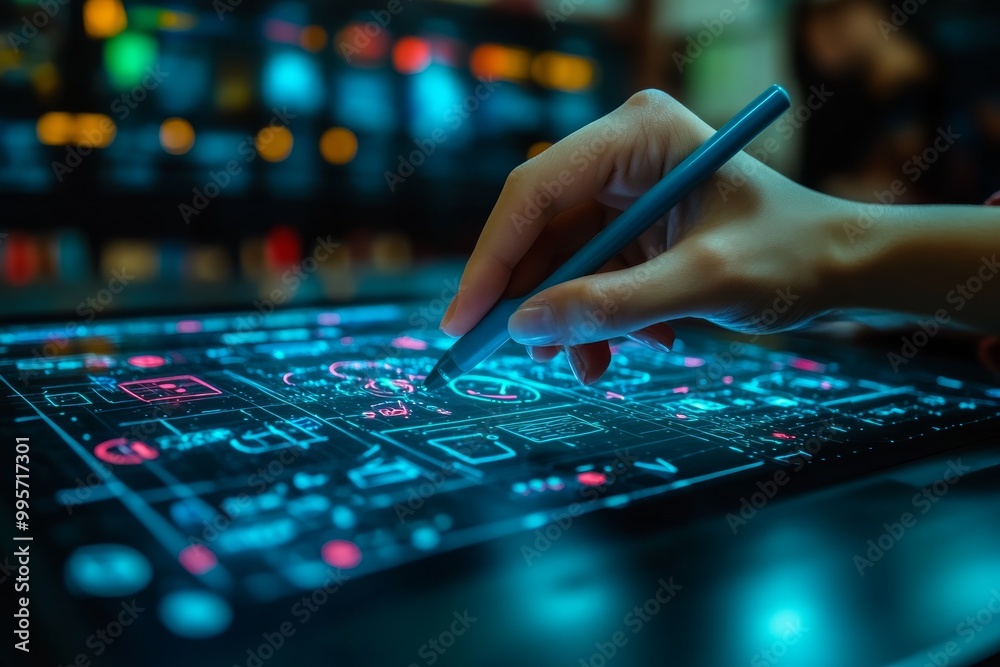 A hand interacts with a glowing digital interface, showcasing data. A hand interacts with a glowing digital interface, showcasing data.