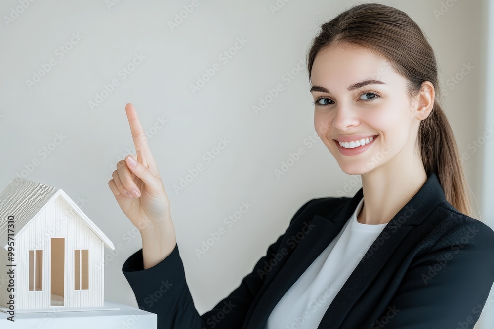 A female real estate agent in business attire with hair tied back, smiling confidently while pointing at a white model house in a light-colored office setting A female real estate agent in business attire with hair tied back, smiling confidently while pointing at a white model house in a light-colored office setting