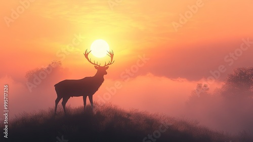 A majestic red stag standing on a hilltop, silhouetted against the morning mist.