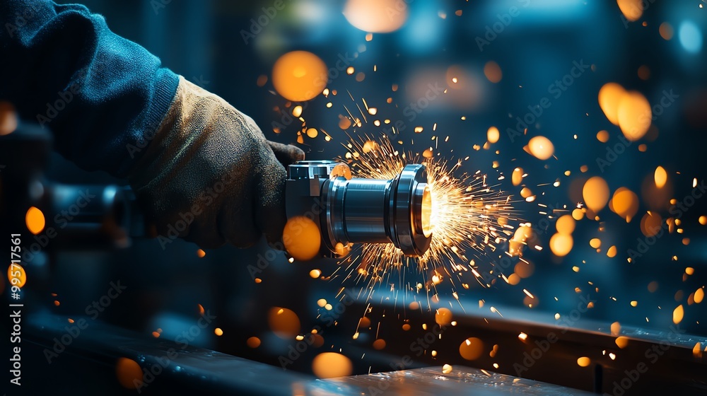 A worker operating a lathe machine, shaping a metal part with precision, lathe machining, metalworking process A worker operating a lathe machine, shaping a metal part with precision, lathe machining, metalworking process