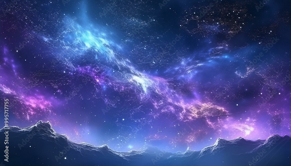 Obraz premium Beautiful fantasy starry night sky, blue and purple colorful, galaxy and aurora 4k wallpaper. cosmic watercolor illustration. Colorful space background with stars