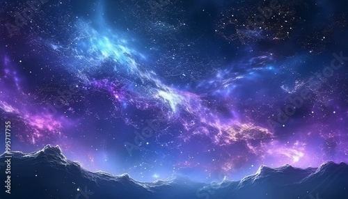 Beautiful fantasy starry night sky, blue and purple colorful, galaxy and aurora 4k wallpaper. cosmic watercolor illustration. Colorful space background with stars photo