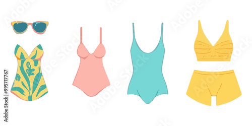 Cute beachwear and accessories, flat design illustration vector set isolated on a white background.