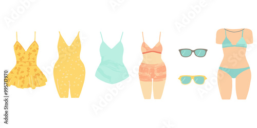 Cute beachwear and accessories, flat design illustration vector set isolated on a white background.