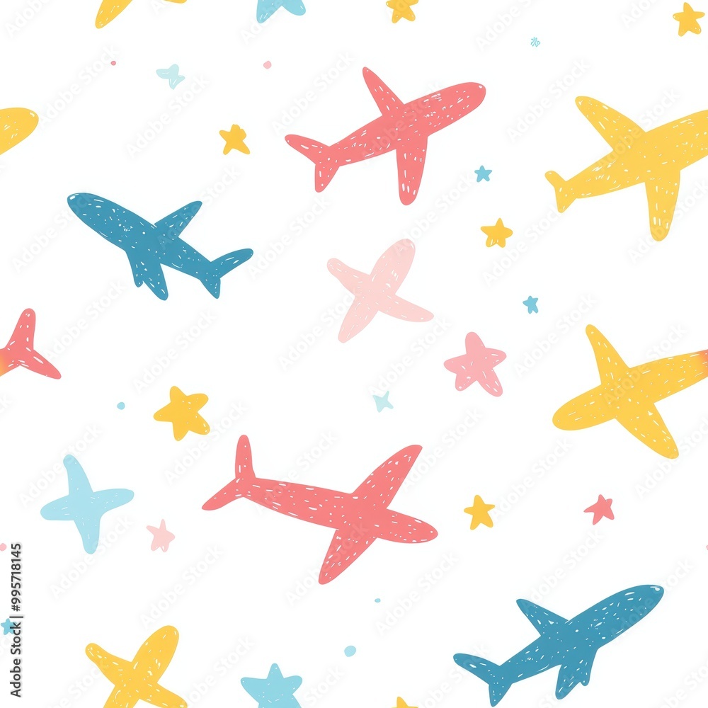 Colorful airplane pattern with stars on a white background, perfect for travel-themed design. Colorful airplane pattern with stars on a white background, perfect for travel-themed design.