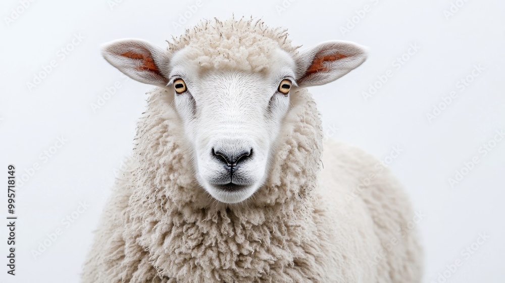 Close-up View of a Fluffy Sheep With a Curious Expression Against a White Background Close-up View of a Fluffy Sheep With a Curious Expression Against a White Background