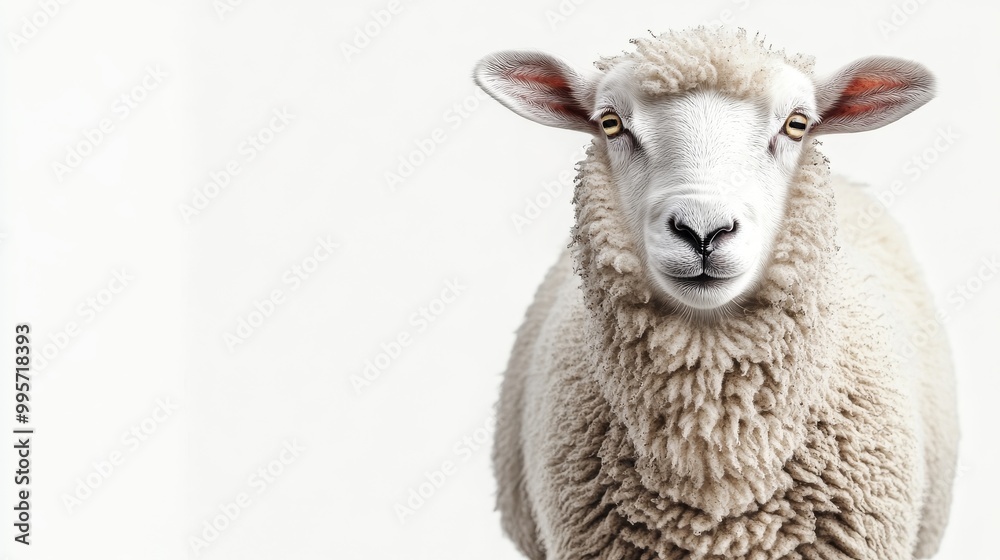 A Close-Up of a Fluffy Sheep Standing Calmly Against a Plain Background During Daylight A Close-Up of a Fluffy Sheep Standing Calmly Against a Plain Background During Daylight