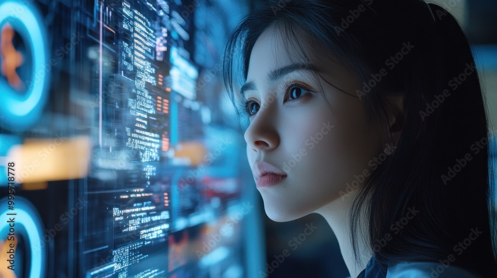 A woman is staring at a computer screen with a lot of numbers and symbols. She is focused and determined