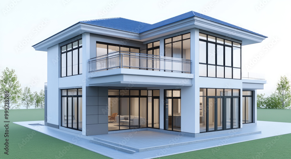 a two-story modern house with a gable roof, light gray walls, and blue tiles on the roof. It has a balcony on one side and large windows in the front. The house is surrounded by a green lawn a two-story modern house with a gable roof, light gray walls, and blue tiles on the roof. It has a balcony on one side and large windows in the front. The house is surrounded by a green lawn