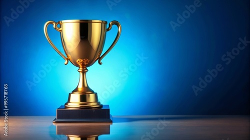 Golden trophy is standing on a table with a blue background, representing victory and achievement