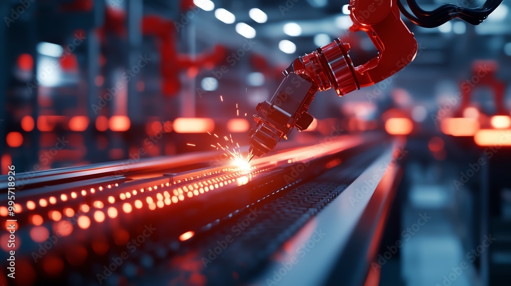 Robotic arms assembling and welding steel frames in a manufacturing plant, steel frame production, robotic welding process Robotic arms assembling and welding steel frames in a manufacturing plant, steel frame production, robotic welding process