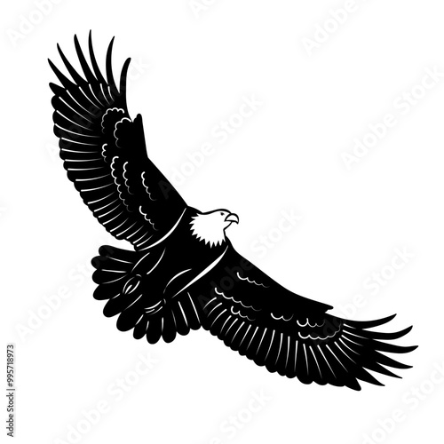 silhouette flying eagle, hawk flaps wings, vector