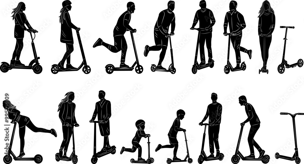 silhouette set people and children riding scooters, vector silhouette set people and children riding scooters, vector