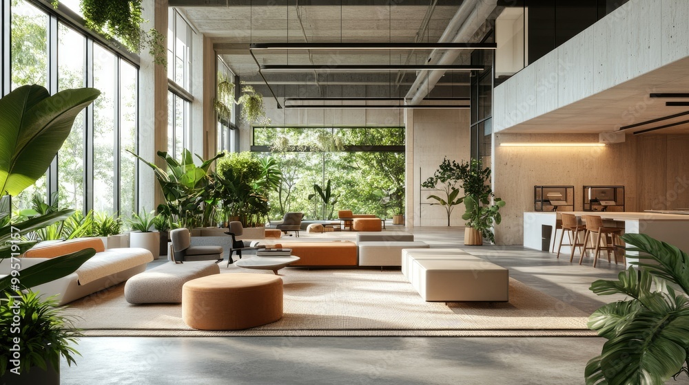 Obraz premium A modern coworking space with large windows, plants, and comfortable seating areas for creativity and collaboration.
