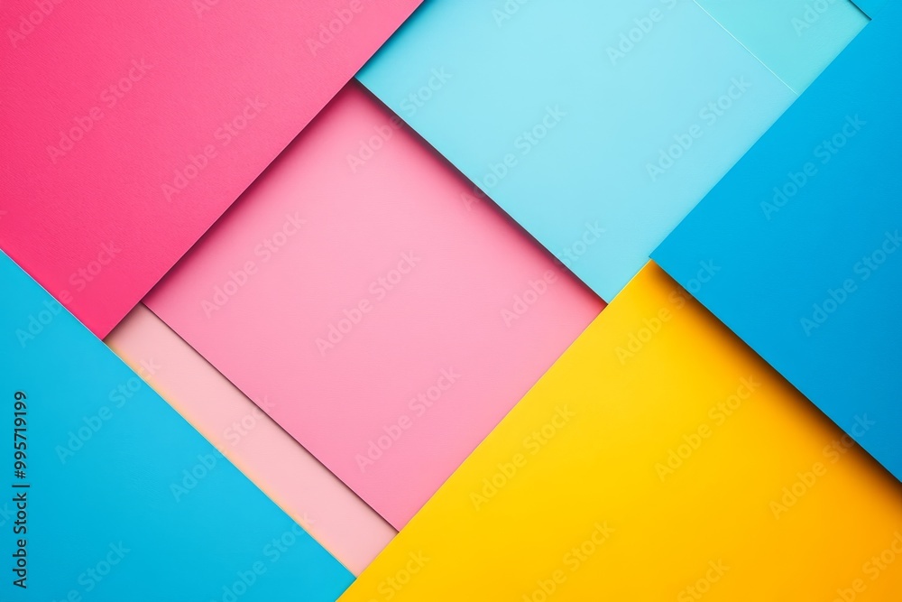Colorful Arrangement of Geometric Shapes Created With Papers in Bright Hues of Yellow, Pink, and Blue Colorful Arrangement of Geometric Shapes Created With Papers in Bright Hues of Yellow, Pink, and Blue
