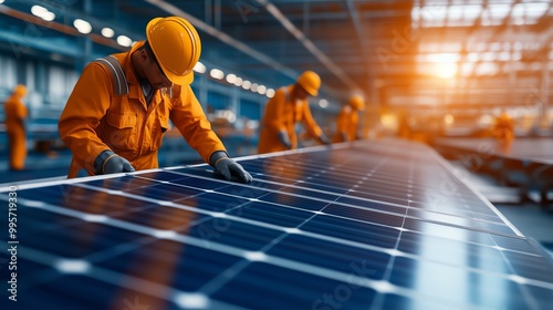 Workers assembling solar panels in a clean production facility, solar panel assembly, clean energy production