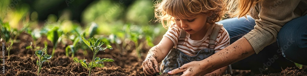 mother and child are planting flowers in the flowerbed. Selective focus mother and child are planting flowers in the flowerbed. Selective focus