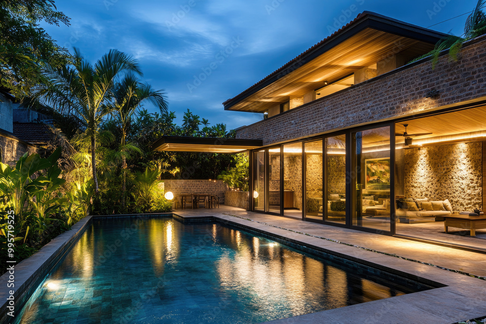 A beautiful and modern Balinese-style villa with a pool, set against a blue sky at night. The large, open-living room features a kitchen in the back, with green plants lining the side walls A beautiful and modern Balinese-style villa with a pool, set against a blue sky at night. The large, open-living room features a kitchen in the back, with green plants lining the side walls