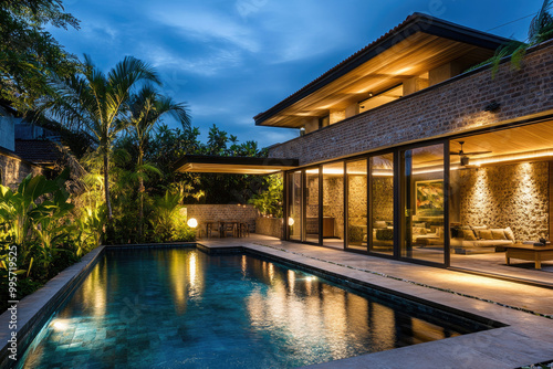 A beautiful and modern Balinese-style villa with a pool, set against a blue sky at night. The large, open-living room features a kitchen in the back, with green plants lining the side walls