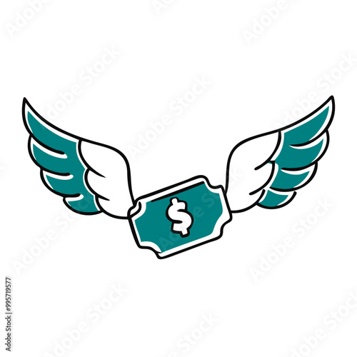 Dollar bill with wings icon, teal and white, financial loss and expense concept