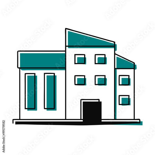 Office building icon illustration, teal and white, corporate and business concept