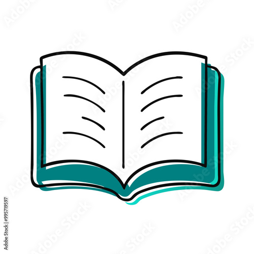 Open book icon illustration, teal and white, knowledge and education concept