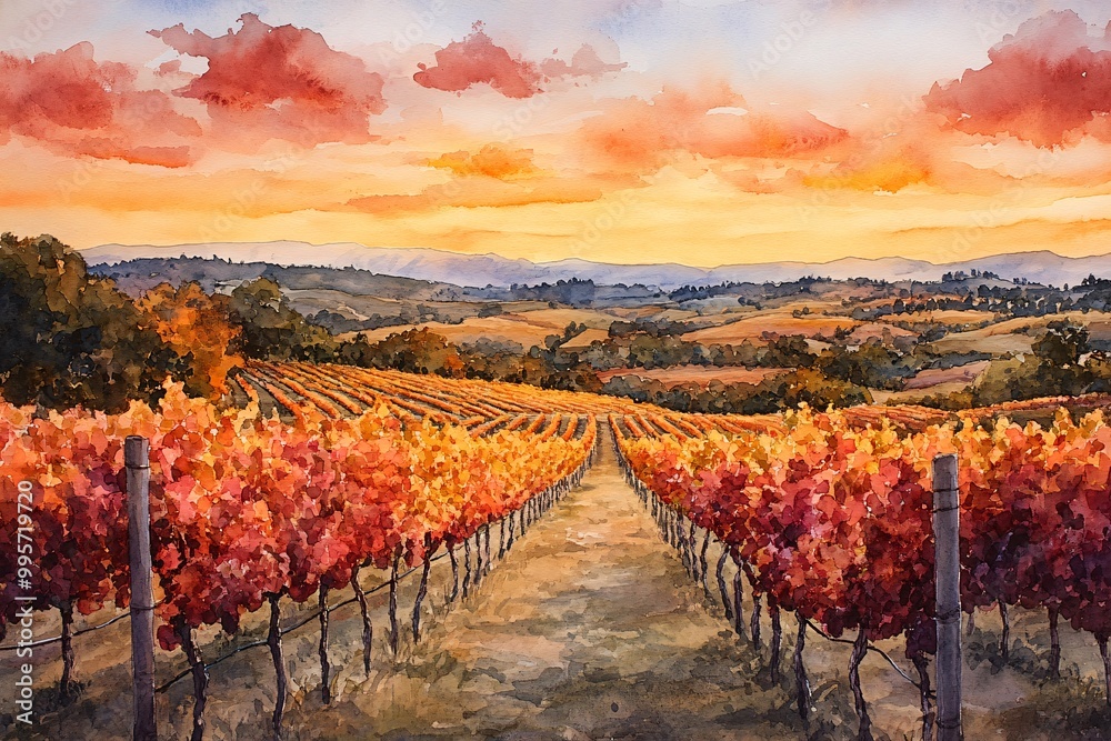 Naklejka premium Watercolor Painting of Vineyards Across Rolling Hills in Autumn: Grapevines in Rich Reds and Oranges Under Golden Sunset