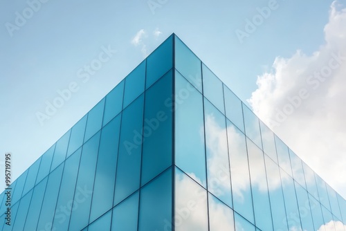 Modern Glass Building Reflecting Clouds Under a Clear Blue Sky in a Vibrant Urban Setting