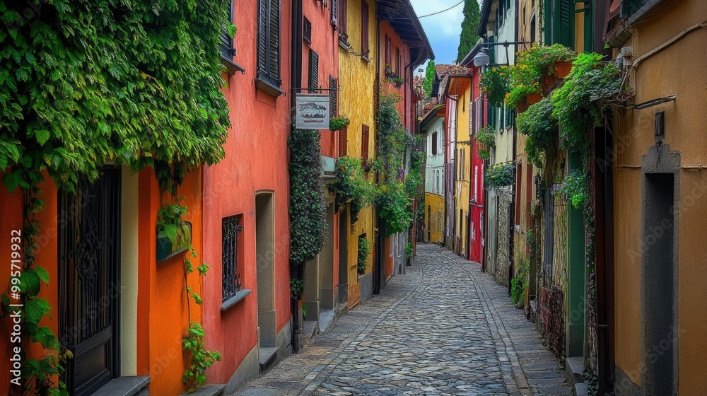 A narrow alley in a historic European town lined with ivy-covered walls, cobblestones, and colorful buildings. A narrow alley in a historic European town lined with ivy-covered walls, cobblestones, and colorful buildings.