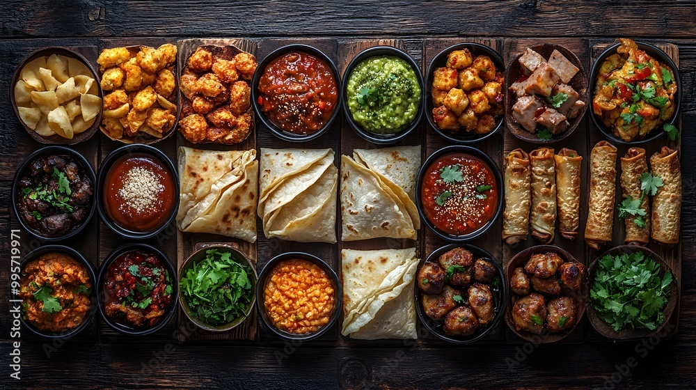 A Culinary Collage Global Street Food Delights on a Rustic Wooden Table A Culinary Collage Global Street Food Delights on a Rustic Wooden Table