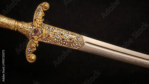 A close-up of a gold sword hilt encrusted with jewels, gold sword, weapon of power