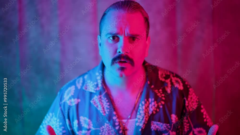 A man in a colorful shirt stands out against a striking backdrop. His surprised expression and the dynamic lighting create a captivating visual experience that viewers will admire for its artistry A man in a colorful shirt stands out against a striking backdrop. His surprised expression and the dynamic lighting create a captivating visual experience that viewers will admire for its artistry
