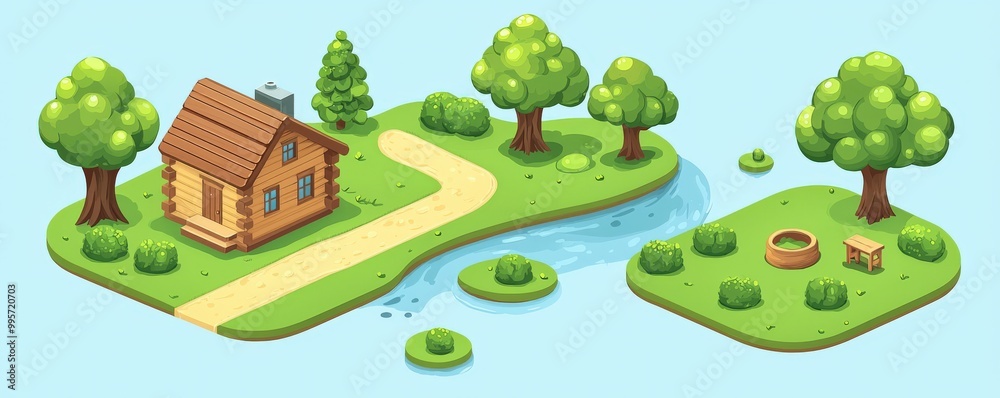Rustic Isometric 3D Landscape with Cozy Cabin and Trees