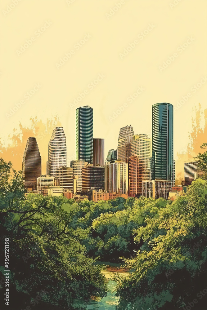 Obraz premium Houston, Texas, color pen pencil hand-drawn effect drawing illustration for travel poster, card, wallpaper, backdrop or banner. Modern, clear, artistic and simple