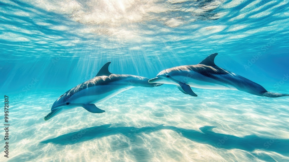 Naklejka premium A pair of dolphins swimming gracefully in the crystal-clear waters of the ocean.