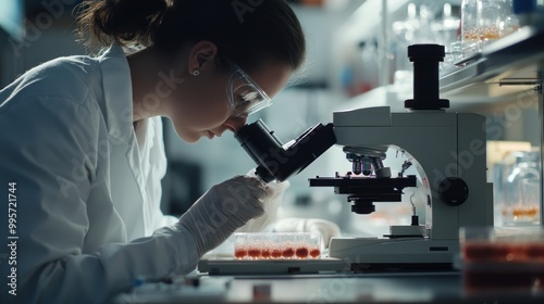 A female scientist in a lab coat is looking through a microscope to examine a sample, wearing protective gloves and glasses. The scientist is surrounded by lab equipment and materials.