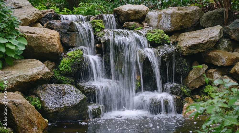 A picturesque waterfall cascading over moss-covered rocks, creating a serene and tranquil scene amidst lush greenery. A picturesque waterfall cascading over moss-covered rocks, creating a serene and tranquil scene amidst lush greenery.