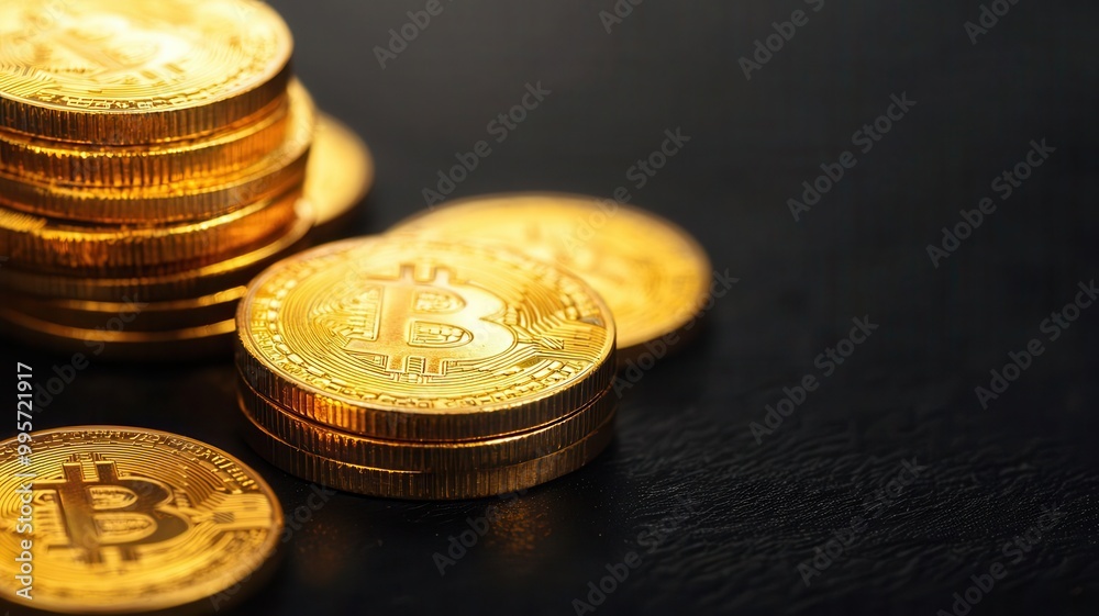 A detailed image of gold coins scattered on a black surface, shining brightly, gold coins, wealth and prosperity A detailed image of gold coins scattered on a black surface, shining brightly, gold coins, wealth and prosperity
