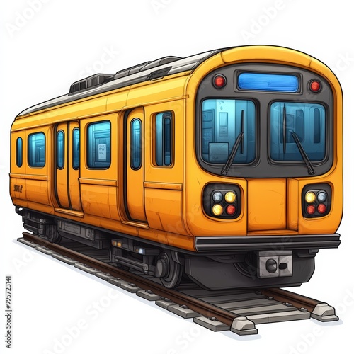 Colorful cartoon train on tracks, white isolate background.