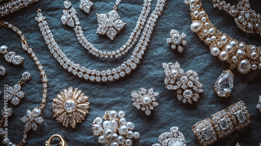 Close-up of a collection of sparkling diamond jewelry, including necklaces, earrings, bracelets and more. Close-up of a collection of sparkling diamond jewelry, including necklaces, earrings, bracelets and more.
