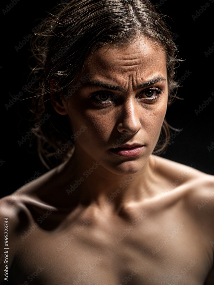 Expressive face of ballet performer, embodying the emotion and intensity of on-stage performance. Expressive face of ballet performer, embodying the emotion and intensity of on-stage performance.
