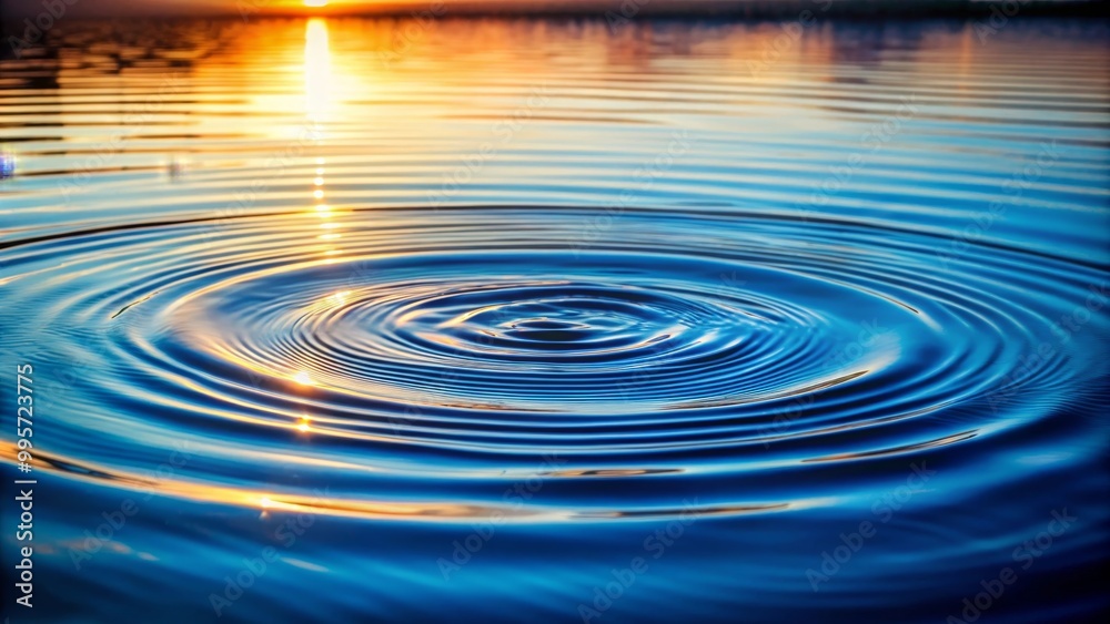 Concentric ripples expanding on blue water surface with setting sun in background Concentric ripples expanding on blue water surface with setting sun in background